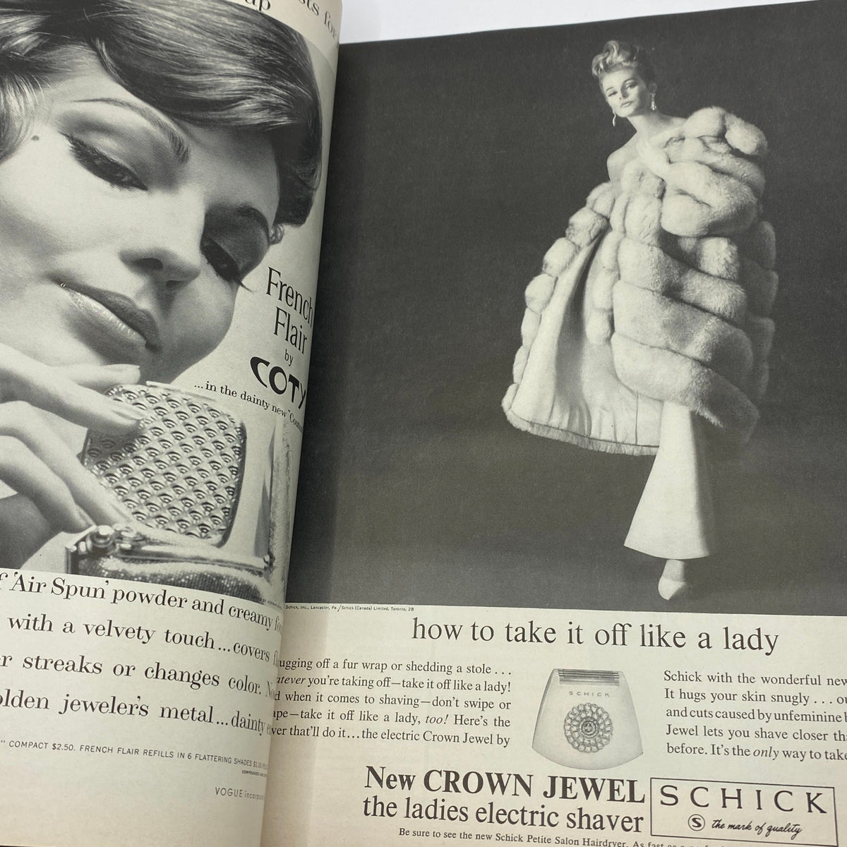 VTG Vogue Magazine November 1, 1962 Sophia Loren by Bert Stern featuring an advertisement showcasing a woman applying French Flair powder with a luxurious fur coat in the background. A blend of vintage fashion elegance and beauty.