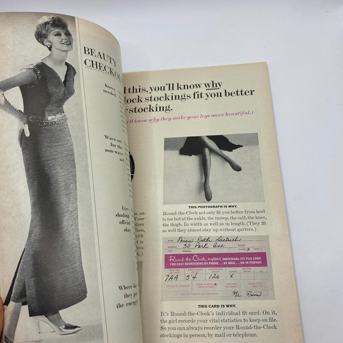 Inside page of VTG Vogue Magazine October 15 1963 featuring a model in a glamorous dress demonstrating the benefits of Round-the-Clock stockings.