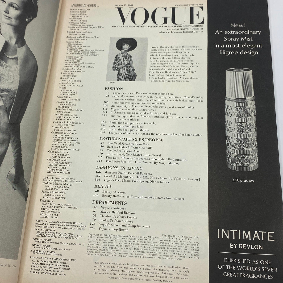 Inside page of VTG Vogue Magazine March 15, 1964 featuring content listing and cover details, showcasing fashion articles and features from the 1960s.