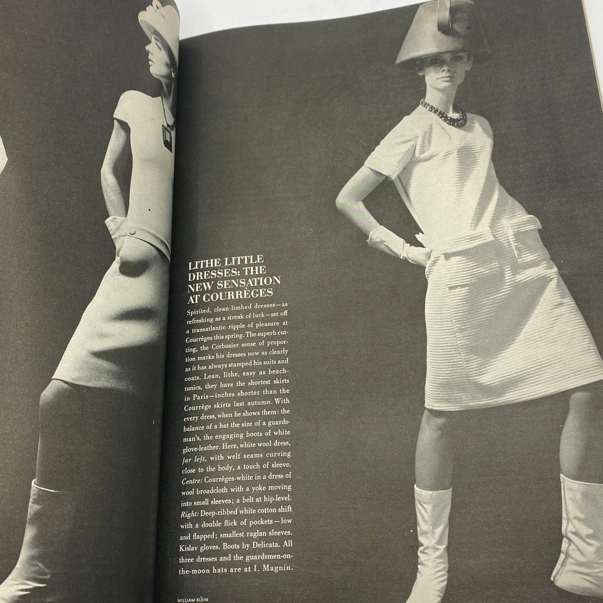 VTG Vogue Magazine March 15, 1964 Brigitte Bauer Cover featuring a fashion article about little dresses at Courrèges in a stylish black and white spread.