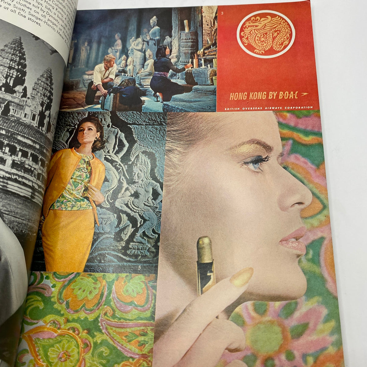 Inside page of the VTG Vogue Magazine April 1 1965 featuring a fashionable model in a colorful layout with Hong Kong theme.
