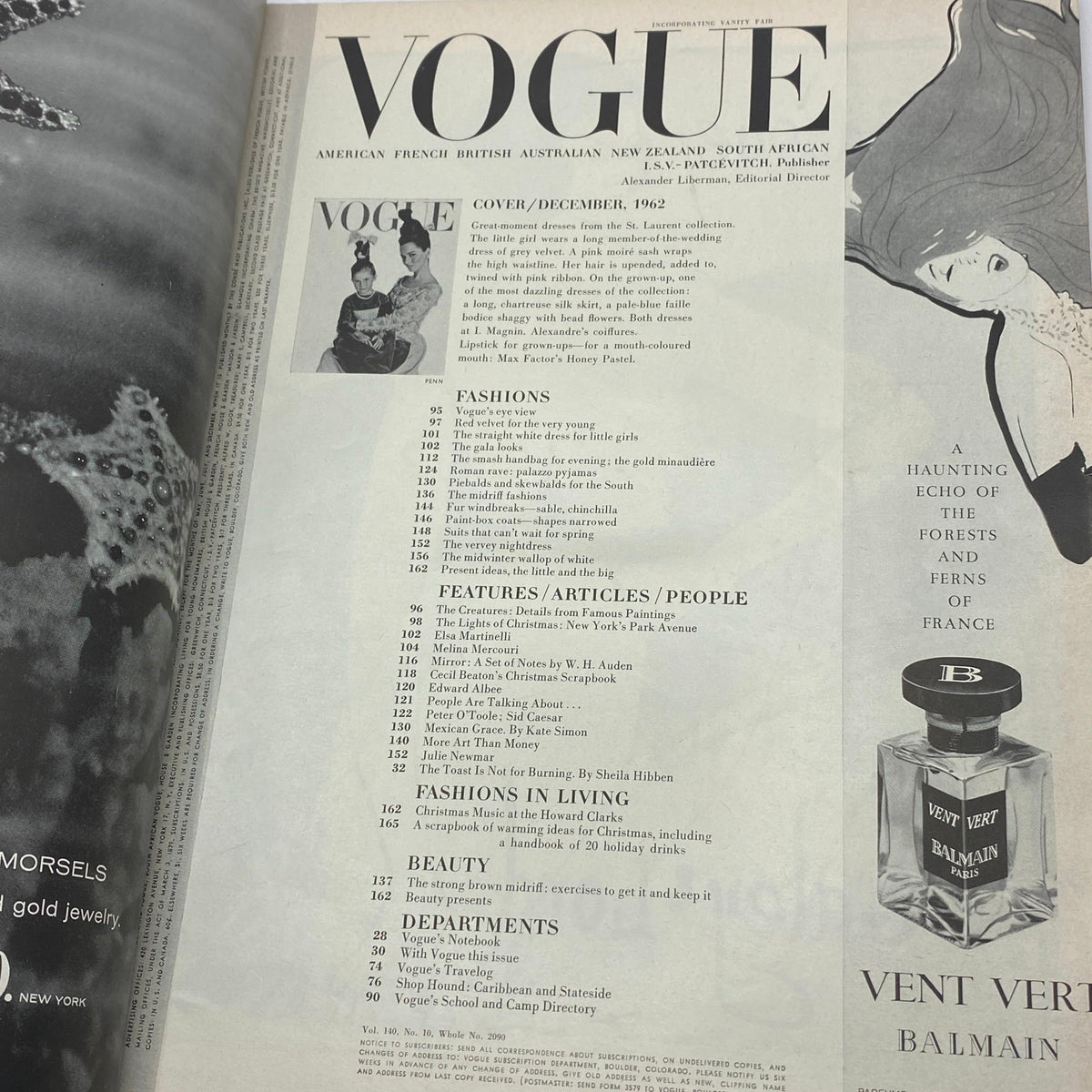 Inside page of VTG Vogue Magazine December 1962 Christmas Issue showcasing the table of contents including fashion features, articles, and advertisements, offering a glimpse into early 1960s style and culture.