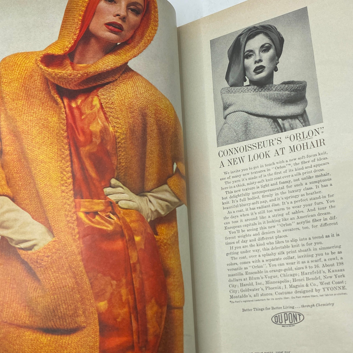 VTG Vogue Magazine December 1962 Christmas Issue showing a model in an orange and yellow knitted cloak, illustrating fashion trends of the early 1960s.