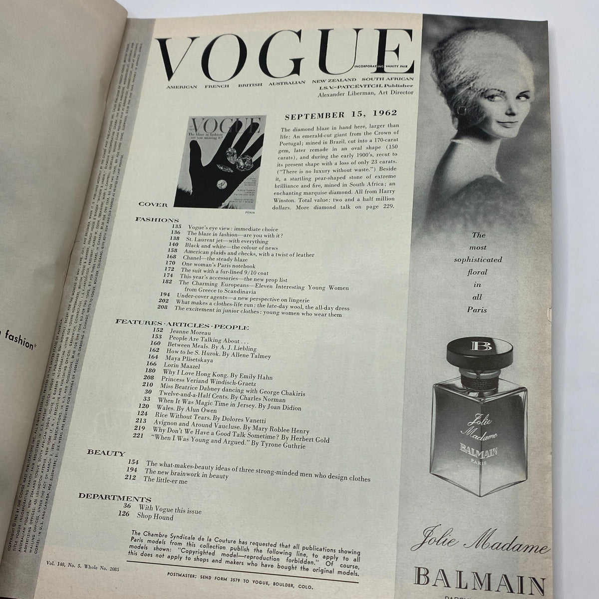 Inside page of VTG Vogue Magazine September 15 1962 featuring the cover story on The $2,000,000 Diamonds, showcasing luxury fashion details from the early '60s.