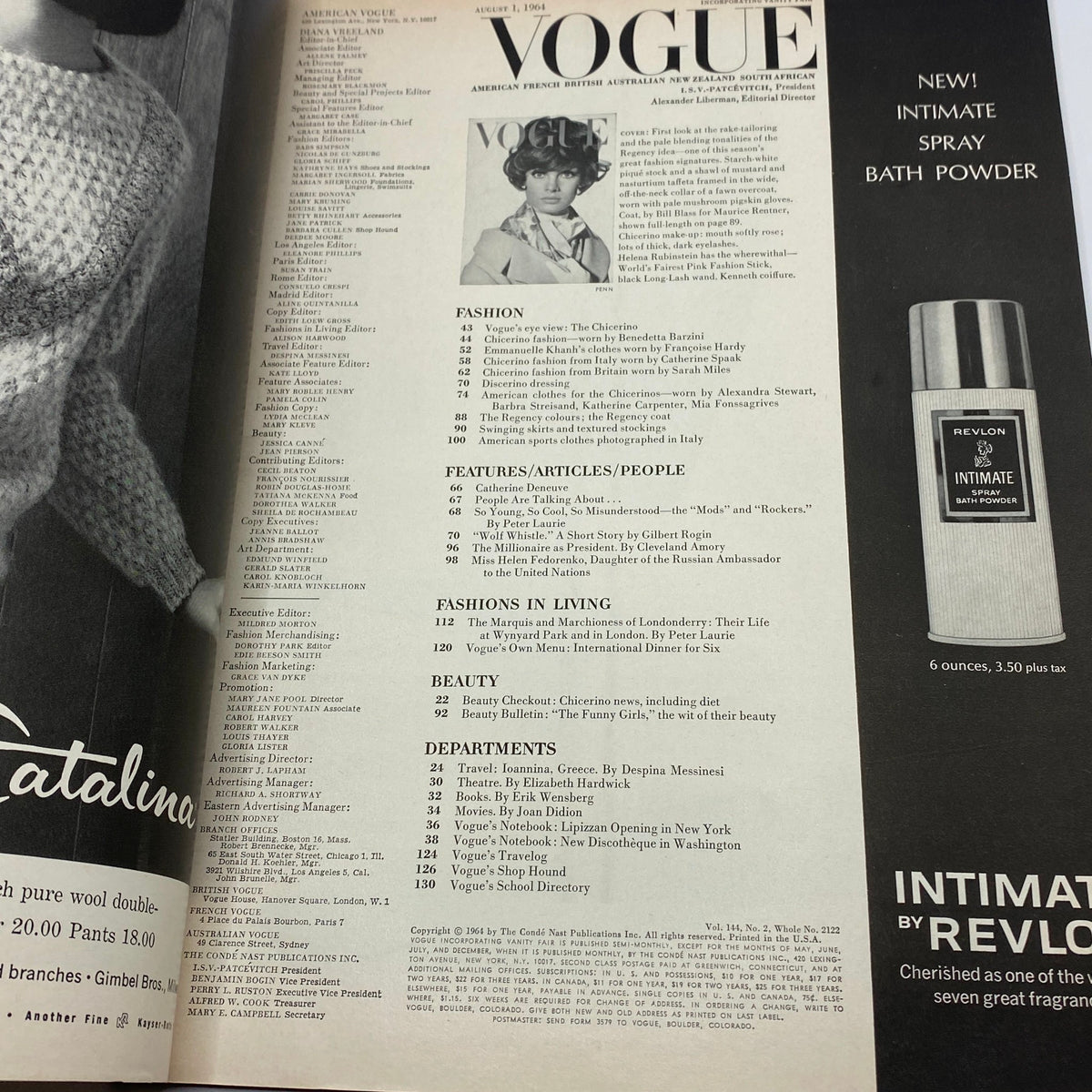 Interior page of VTG Vogue Magazine August 1 1964 showcasing the cover with Jean Shrimpton and a detailed table of contents, reflecting 60s fashion.
