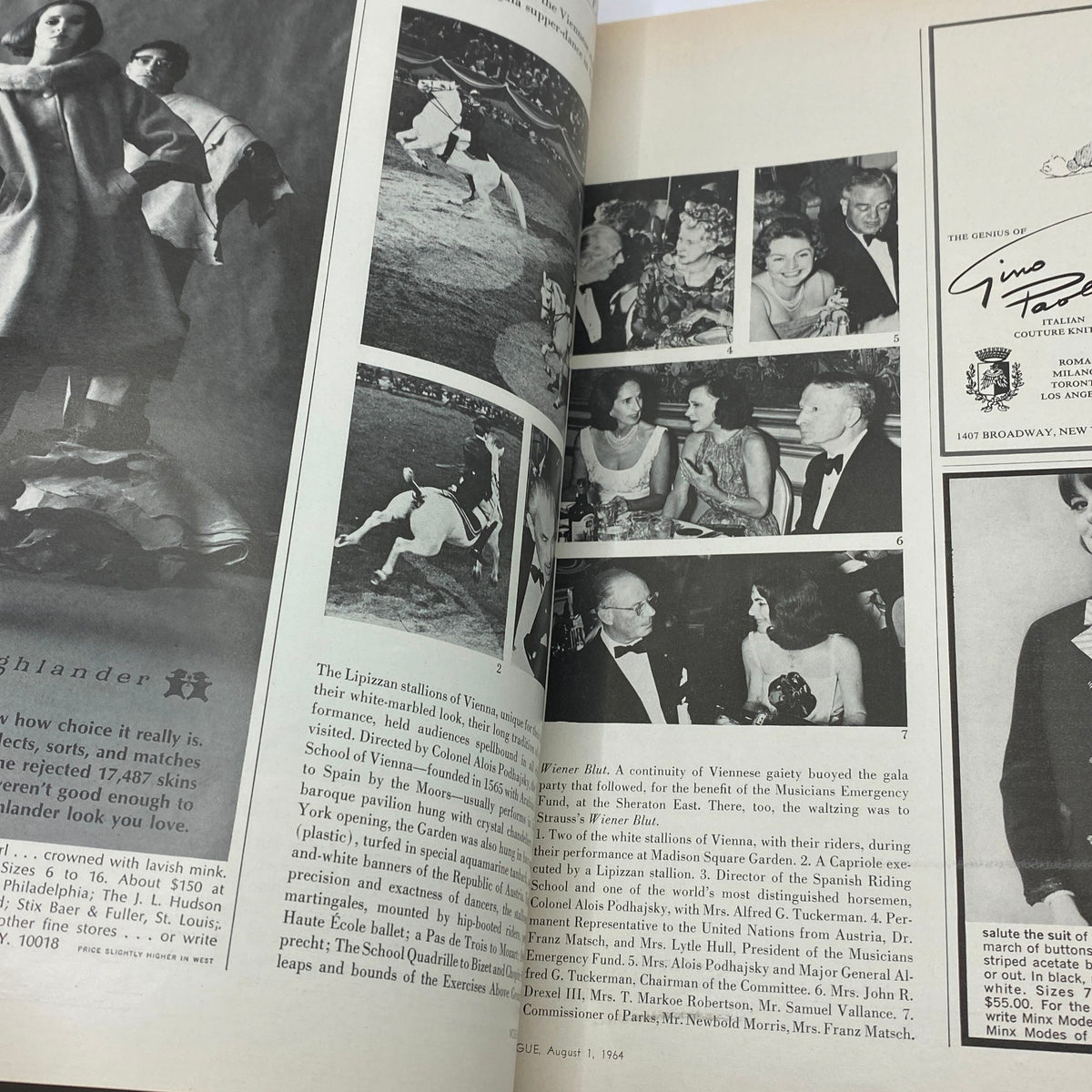 Interior of VTG Vogue Magazine August 1 1964 featuring black and white photographs of Vienna's equestrian events and gala events from the 60s.