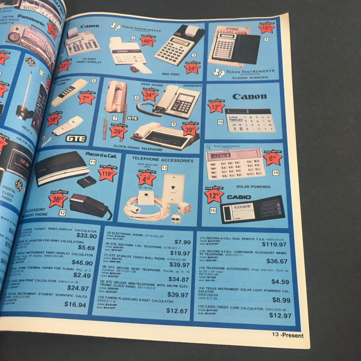 VTG April 28 1984 Present Co. Totes, Norelco, Cobra, Char-Boil Spring Catalog showing a page dedicated to electronic devices like calculators and phones, with marked prices.