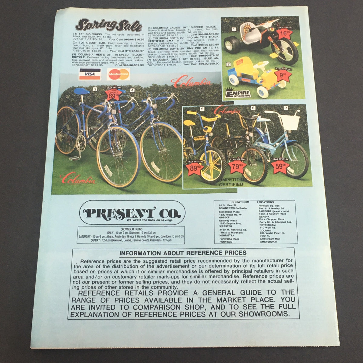 VTG April 28 1984 Present Co. Totes, Norelco, Cobra, Char-Boil Spring Catalog highlighting a spring sale page for bicycles and outdoor toys, displaying prices and product details.