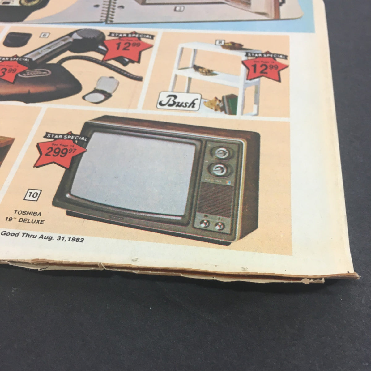 Close-up of the VTG August 1982 Present Co. Back To School Savings Catalog showcasing the Toshiba 19" Deluxe TV with a price tag and details.