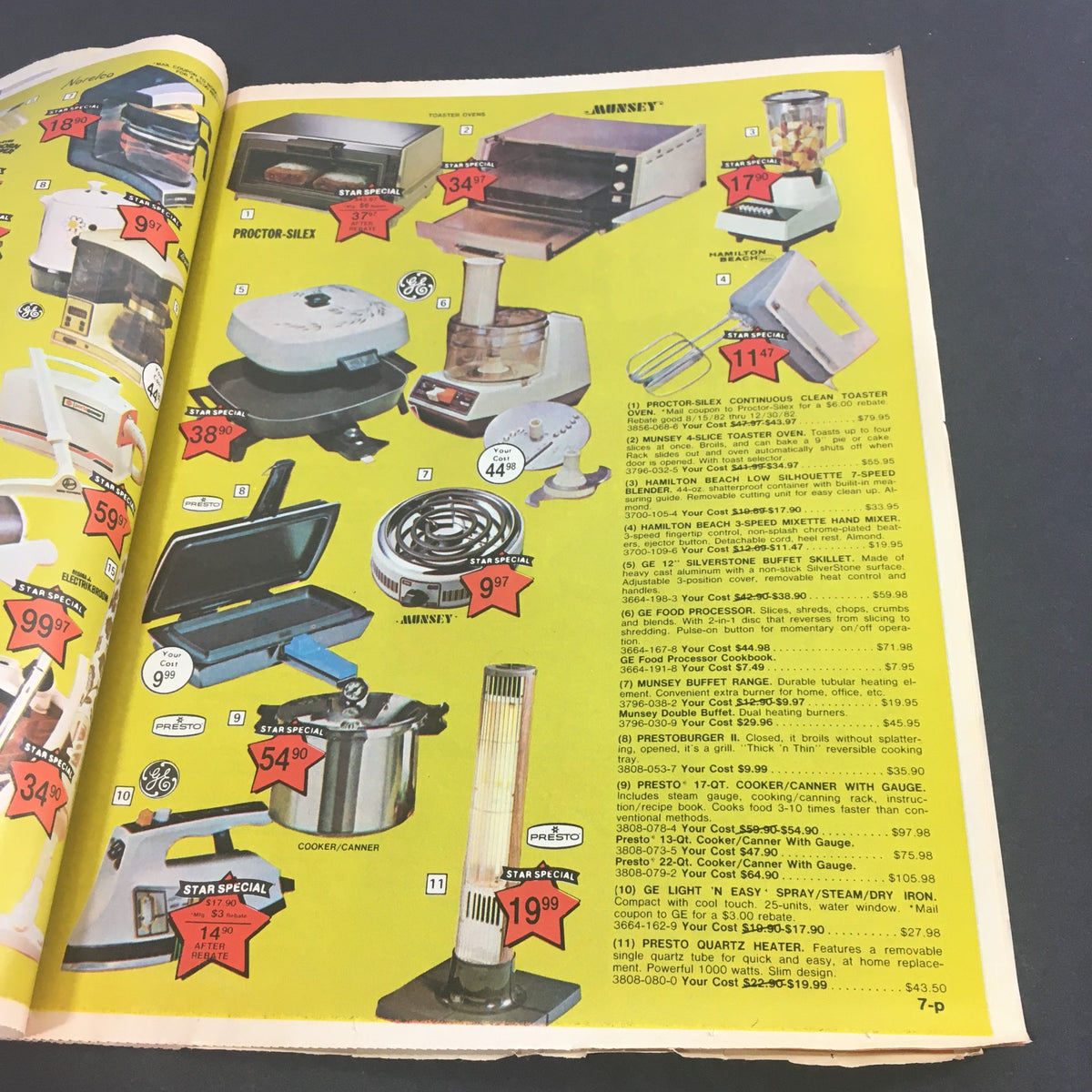 Vintage August 1982 Present Co. Back To School Savings Catalog featuring home appliances and kitchen gadgets for sale, with promotional prices highlighted on a vibrant yellow background.