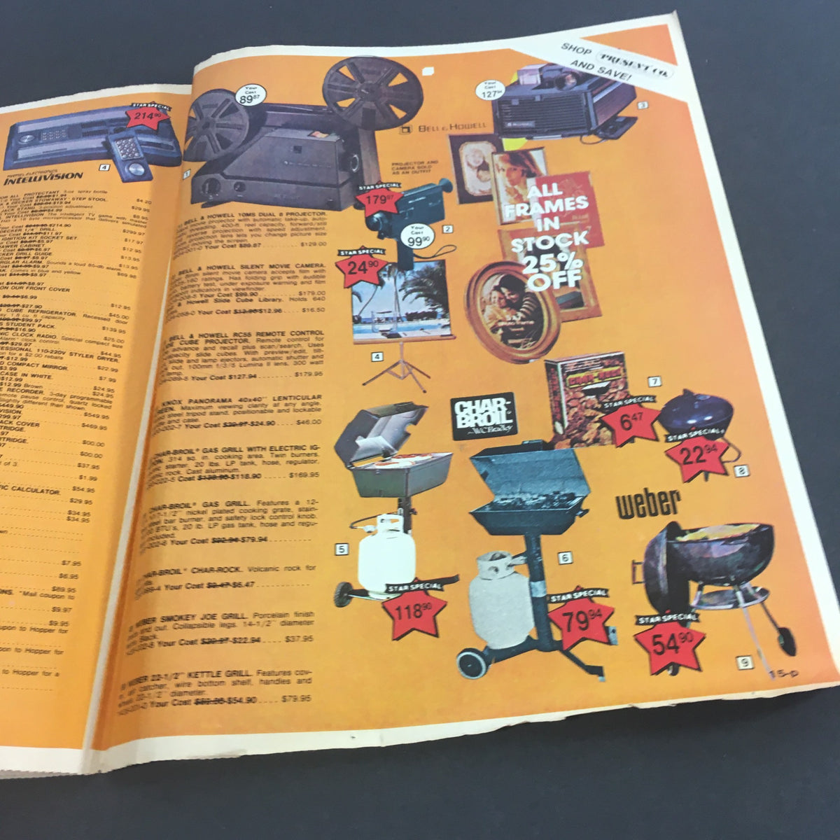 Vintage August 1982 Present Co. Back To School Savings Catalog displaying a variety of outdoor and grilling products, showcasing prices on an orange background with discounts marked.