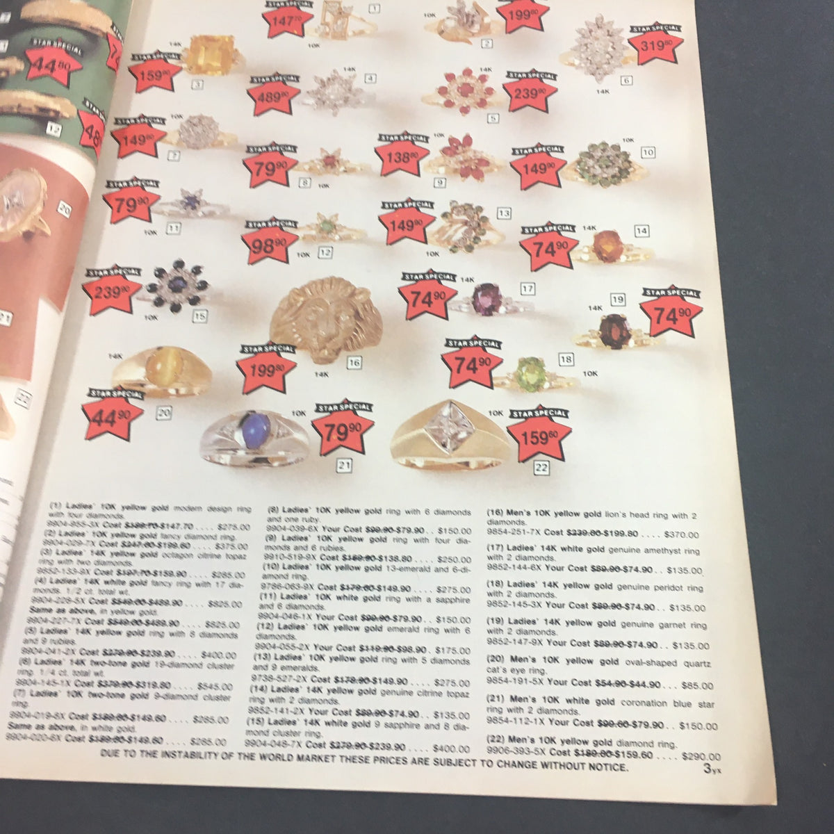 VTG November 1979 Present Company Star Special Sale Catalog page featuring various rings and jewelry items, displaying price tags and product details.