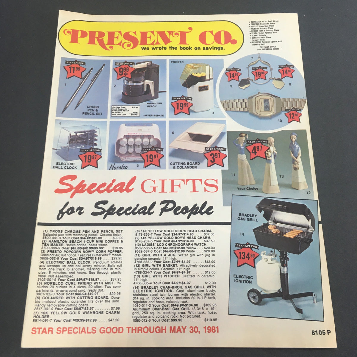 VTG May 1981 Present Company Special Gifts For People Catalog showcasing various gifts including a pen set, a clock, and a gas grill with pricing details.