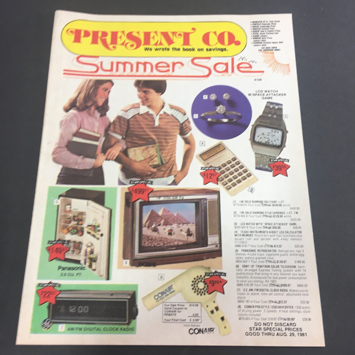 VTG August 1981 Present Company Summer Sale Electronics Catalog featuring various electronic products including a TV, digital clock radio, and calculator. The cover showcases two people, a man and a woman, engaged in conversation with products highlighted in the advertisement.