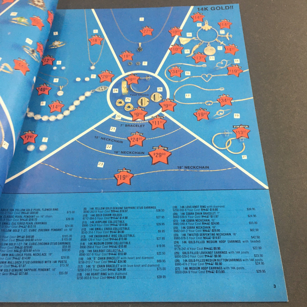 VTG August 1981 Present Company Summer Sale Electronics Catalog showcasing jewelry items with prices. Highlights include 14K gold necklaces and bracelets with detailed pricing information.