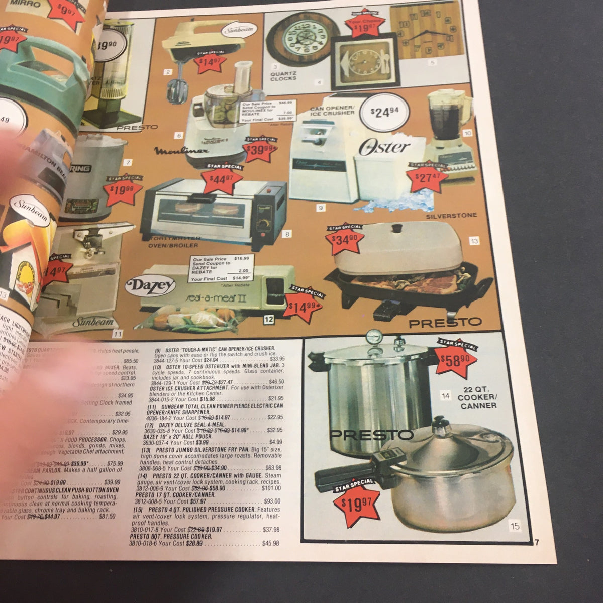 VTG August 1981 Present Company Summer Sale Electronics Catalog displaying kitchenware and cooking appliances. Notable items include a Presto Pressure Cooker and various brands of kitchen appliances.