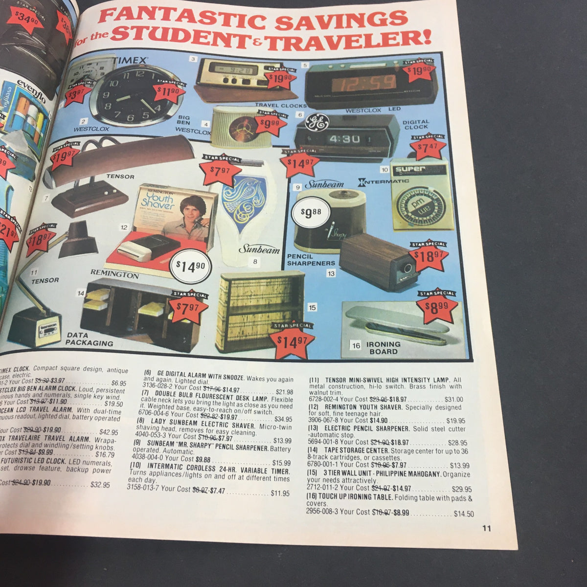 VTG August 1981 Present Company Summer Sale Electronics Catalog featuring travel and personal items. Items include clocks, pencil sharpeners, and alarms with listed prices.