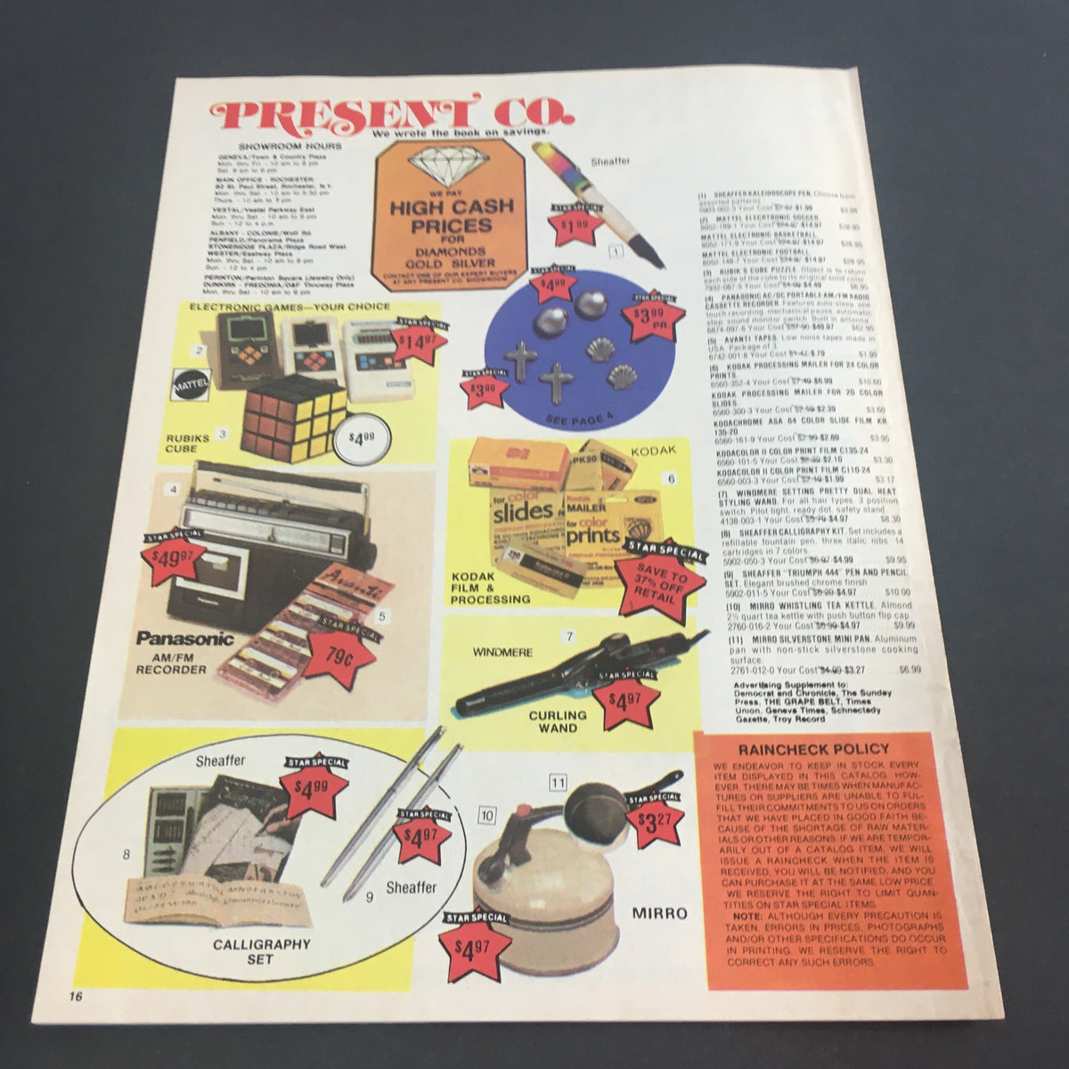 VTG August 1981 Present Company Summer Sale Electronics Catalog showcasing various electronic products. Items include Panasonic recorders, a Rubik's Cube, and Kodak film processing supplies.
