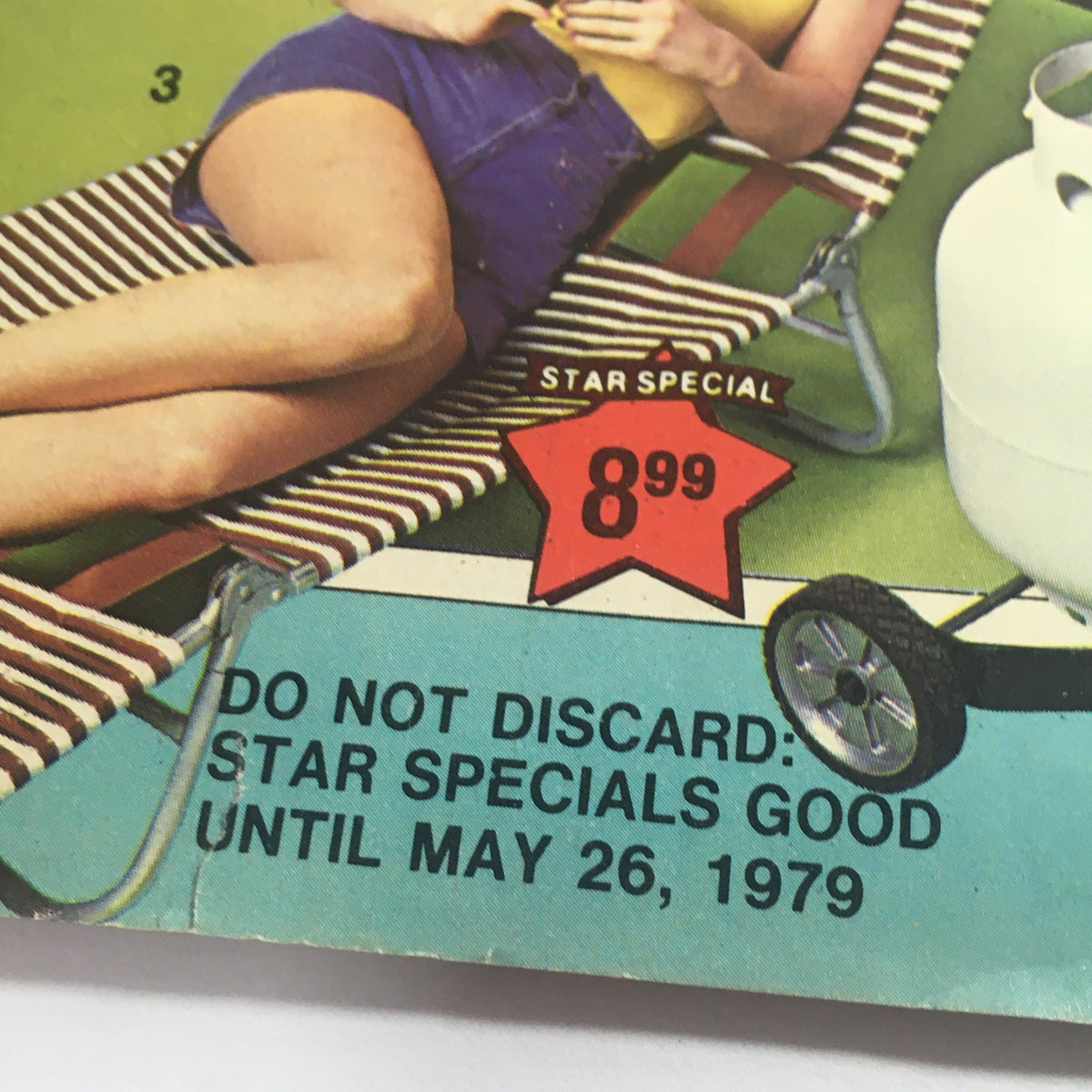 Close-up of the Vintage May 1979 Present Company Spring Star Special Chaise Lounger Price Catalog highlighting the special price of $8.99 and promotional details.