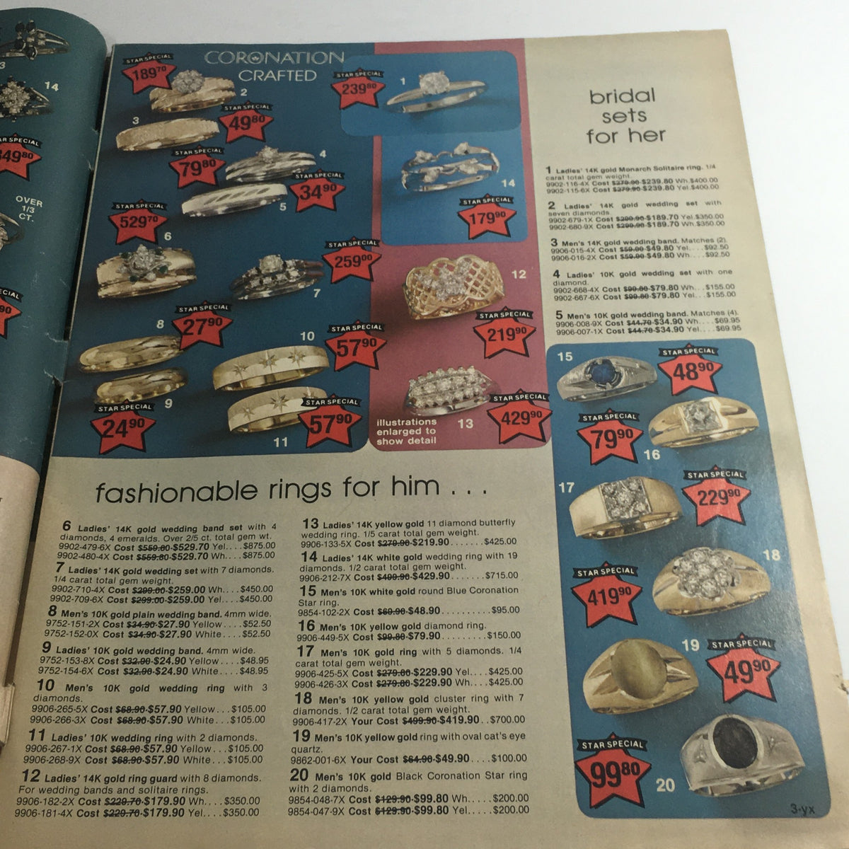 Interior page of the Vintage May 1979 Present Company Spring Star Special Chaise Lounger Price Catalog showcasing bridal sets and rings with prices, emphasizing fashionable jewelry.
