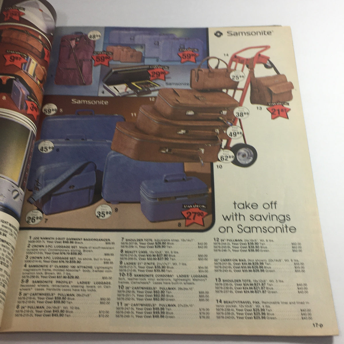 VTG May 1979 Present Company Spring Star Special Chaise Lounger Price Catalog image featuring Samsonite luggage and prices, showcasing various styles and colors, ideal for vintage collectors.