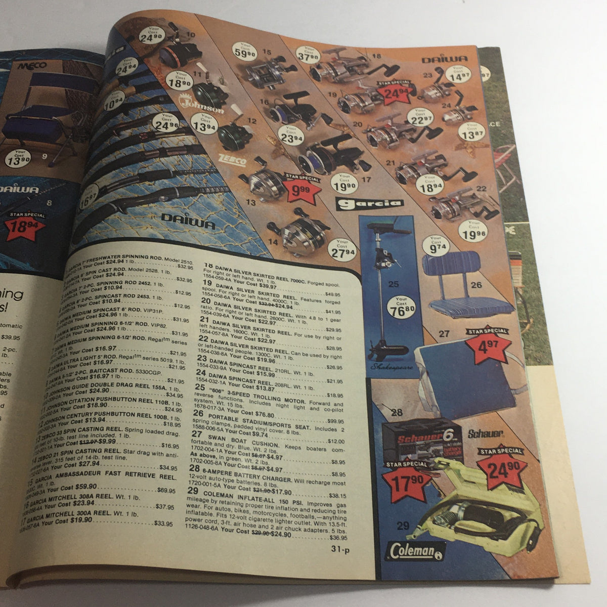 VTG May 1979 Present Company Spring Star Special Chaise Lounger Price Catalog image displaying DAIWA fishing gear and accessories with prices, appealing to fishing enthusiasts and vintage catalog collectors.