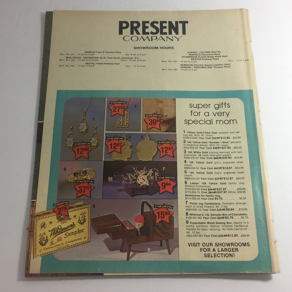 VTG May 1979 Present Company Spring Star Special Chaise Lounger Price Catalog image of a showroom cover featuring jewelry and decorative gifts with prices, geared towards vintage home decor fans.