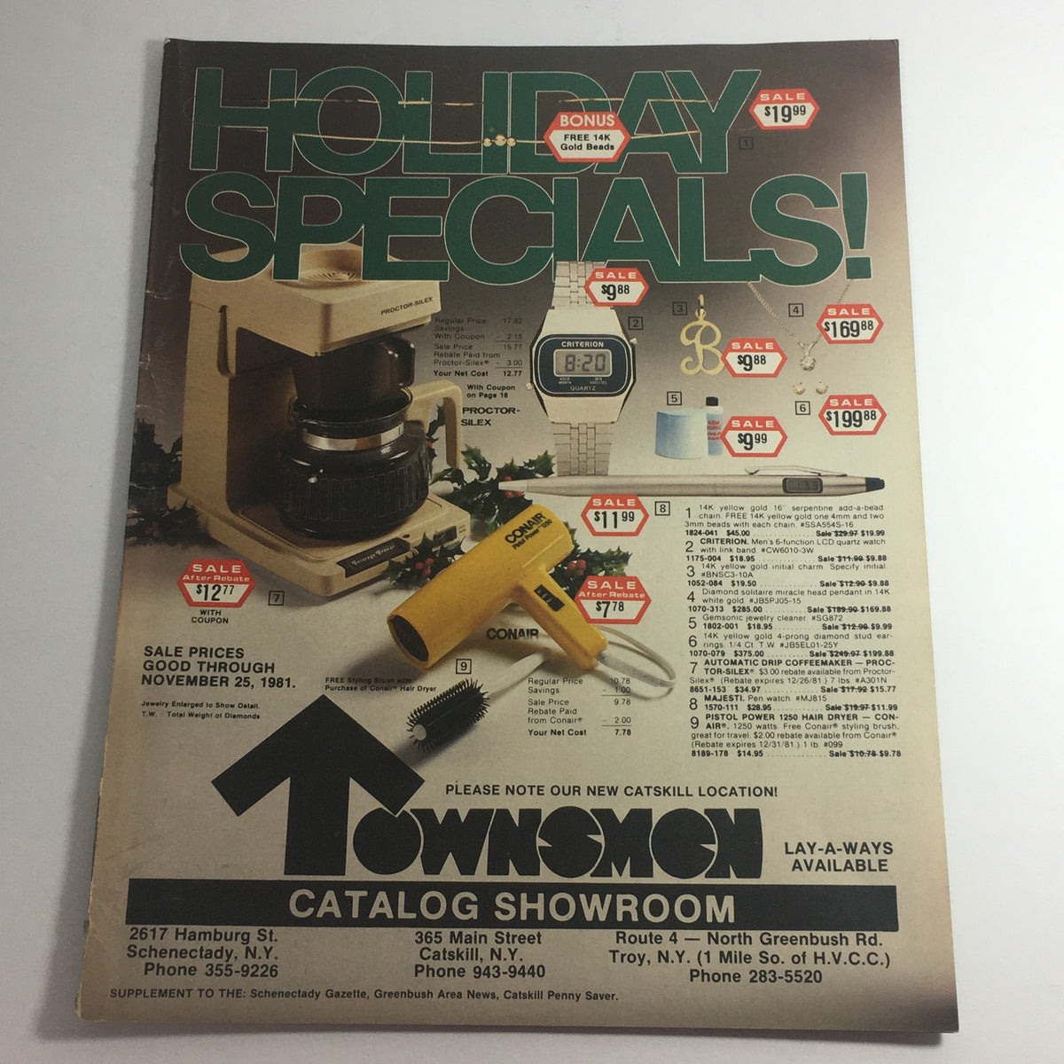 VTG November 1981 Townsmen Criterion Watch & Conair Hair Dryer Price Catalog featuring holiday specials, including sale prices for kitchen appliances, watches, and hair tools, with promotional details visible.