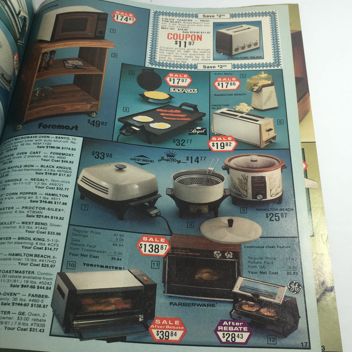 VTG November 1981 Townsmen Criterion Watch & Conair Hair Dryer Price Catalog presenting kitchen appliances and sale prices, with coupons featured.
