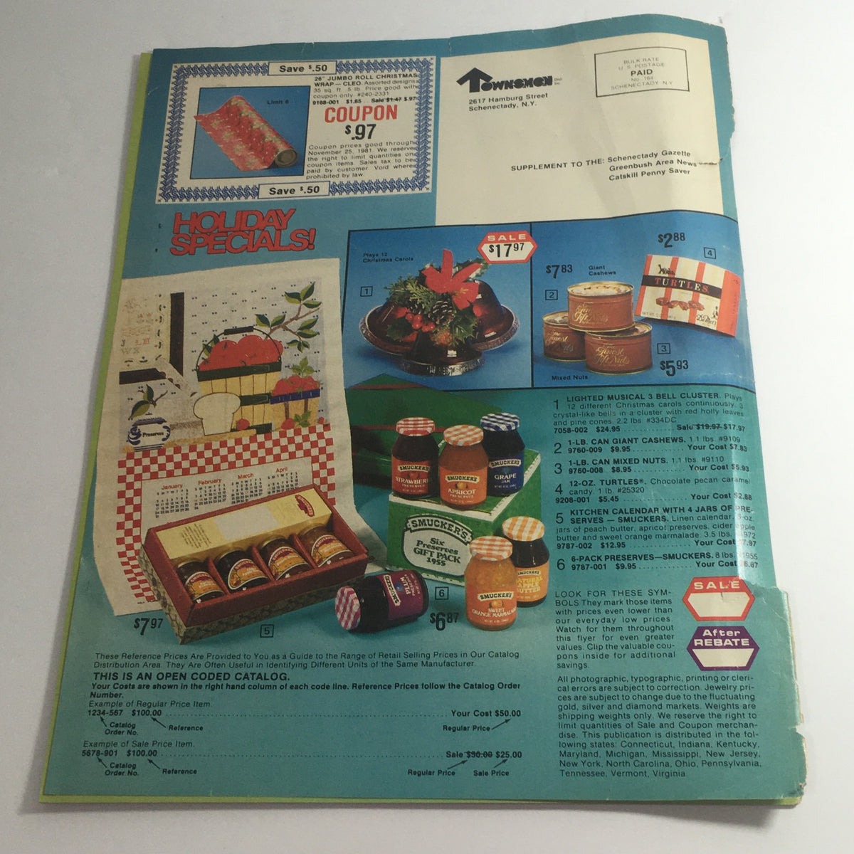 VTG November 1981 Townsmen Criterion Watch & Conair Hair Dryer Price Catalog, back cover featuring holiday specials with promotional coupon details.