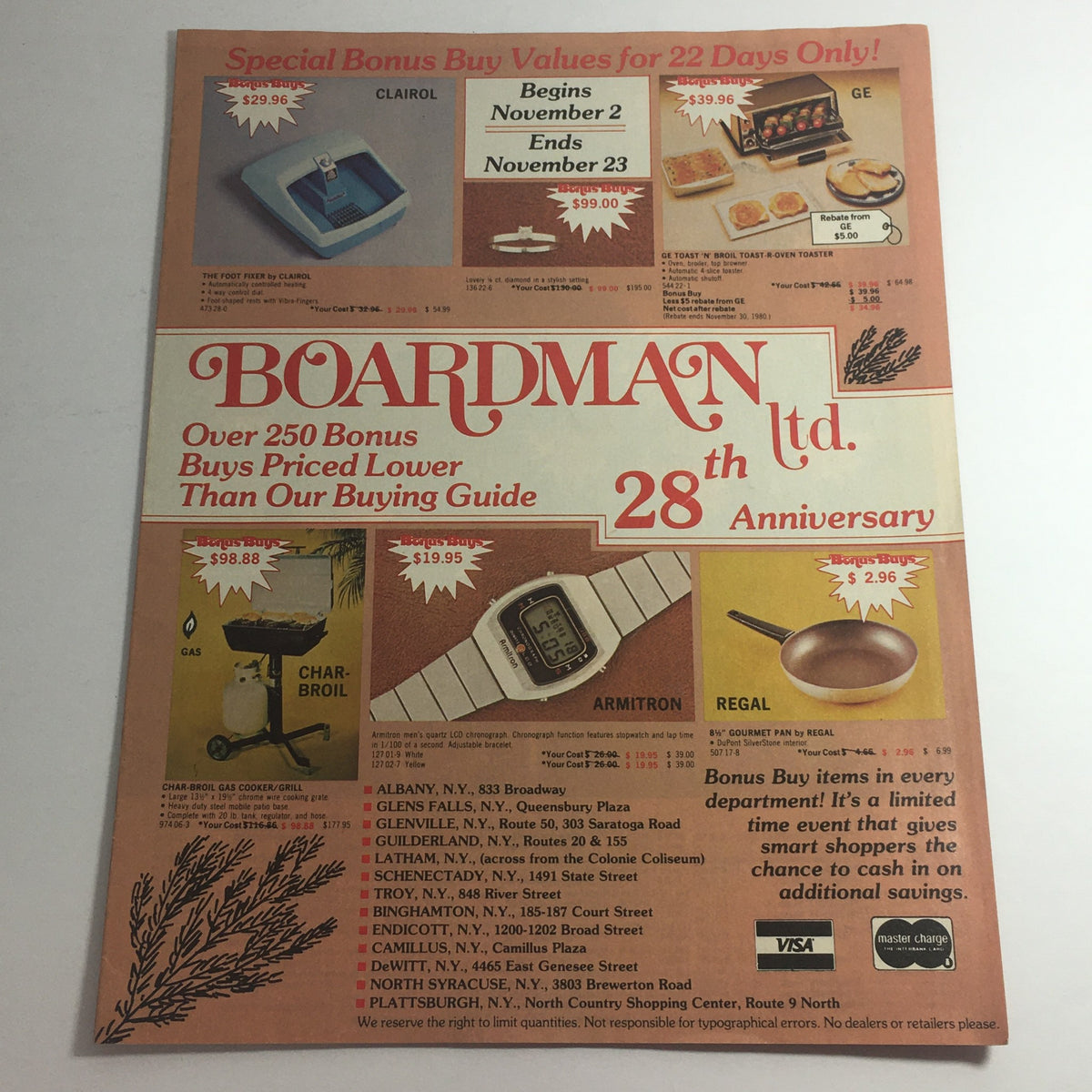 VTG 1983 Boardman Ltd. 28th Anniversary Sale Clairol & G.E. Items Price Catalog page featuring a colorful advertisement highlighting products including appliances and jewelry.