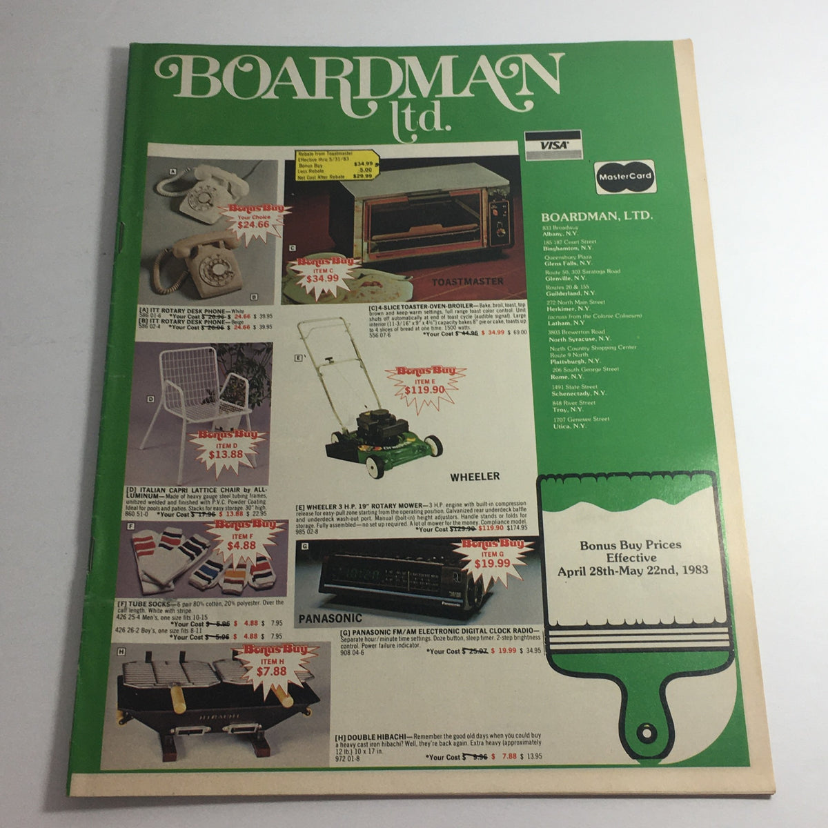 VTG April 1983 Boardman Ltd. Bonus Panasonic Hibachi Sale Price Guide Catalog featuring various kitchen appliances and cookware, including a Toastmaster toaster and a Panasonic Hibachi grill, with an advertisement layout showcasing sale prices and conditions effective April 28th to May 22nd, 1983.