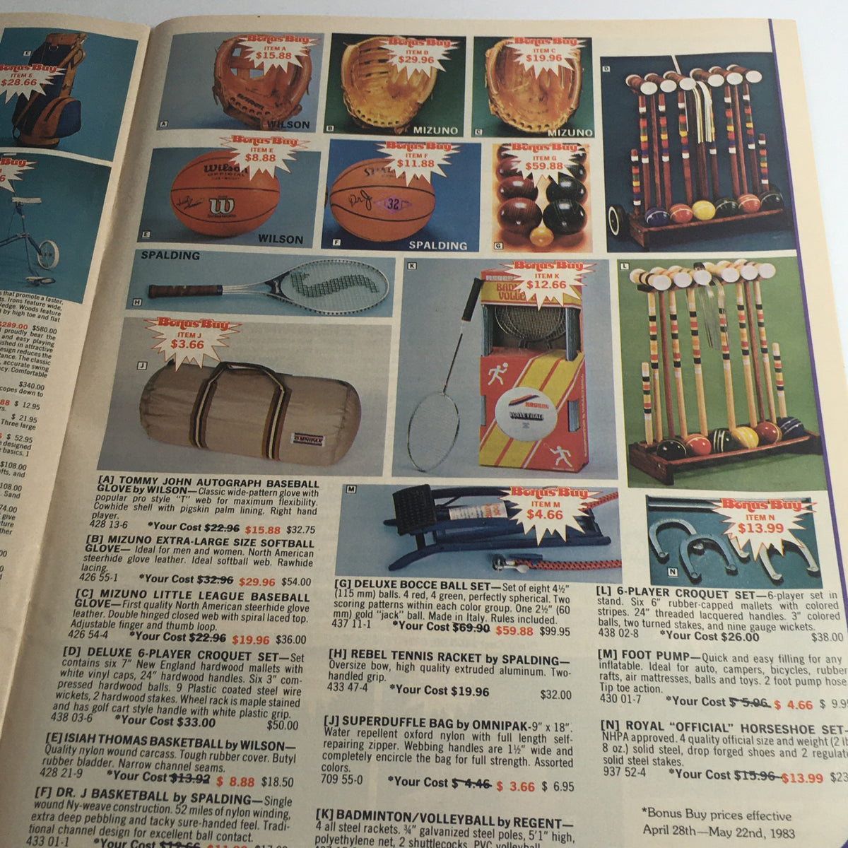 Vintage April 1983 Boardman Ltd. Bonus Panasonic Hibachi Sale Price Guide Catalog displaying sports equipment including baseball gear, tennis sets, and badminton items, with visible sale prices.