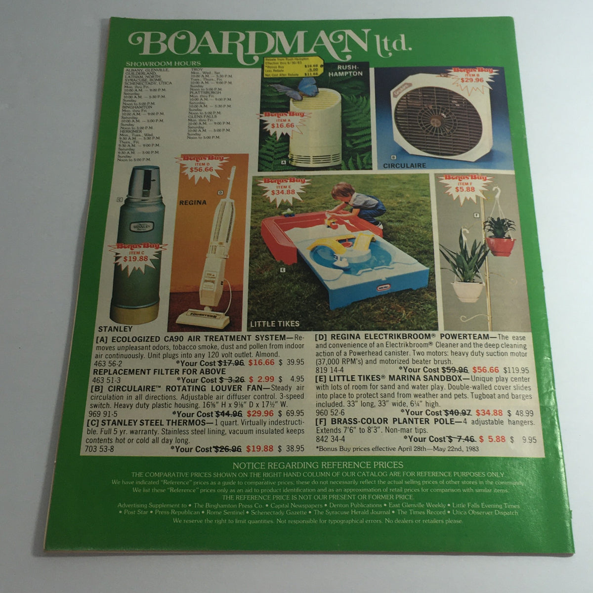 Vintage April 1983 Boardman Ltd. Bonus Panasonic Hibachi Sale Price Guide Catalog cover featuring various home and garden products alongside pricing details.