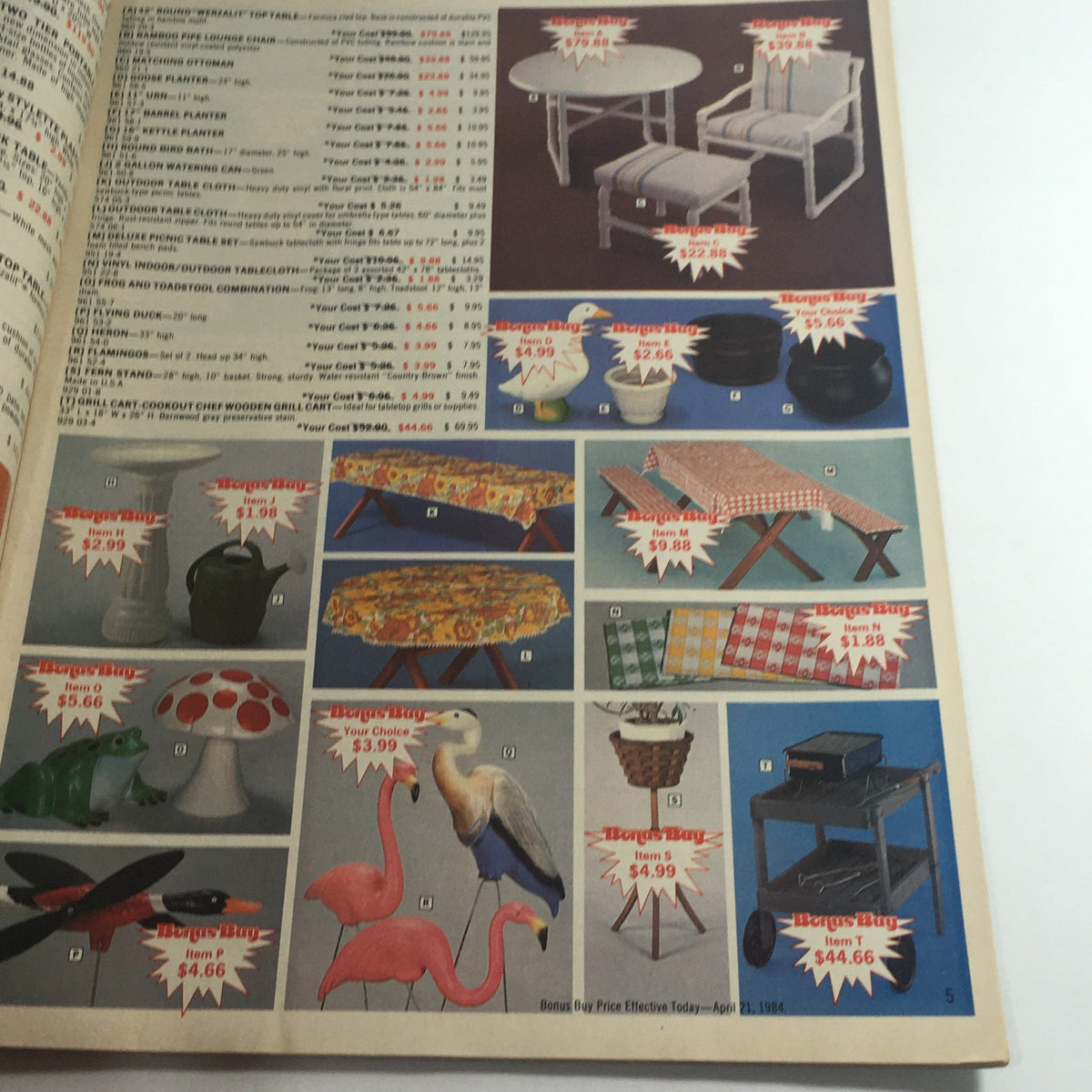 Inside page of the VTG Spring Summer 1987 Boardman Ltd. Jacobsen Brand Items Price Guide Catalog, showcasing various home and garden items with price listings and promotional offers.