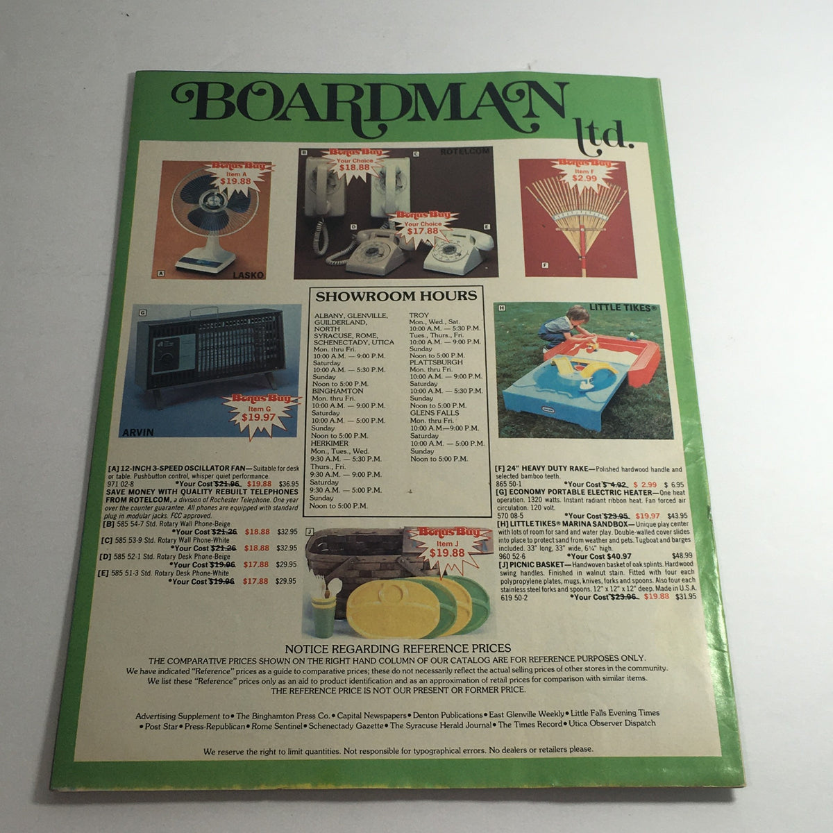 VTG Spring Summer 1987 Boardman Ltd. Jacobsen Brand Items Price Guide Catalog showing the back cover with various household items and showroom hours.