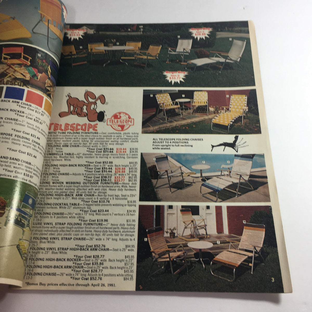 Interior page from the VTG April 1982 Boardman Ltd. Char-Broil, Gott, Gas Brands Price Guide Catalog showcasing folding chairs and outdoor furniture with price listings.