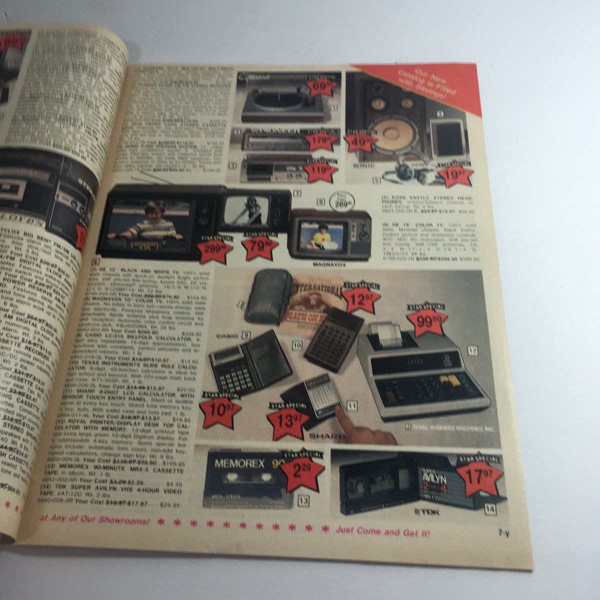 Inside page of the VTG September 1979 Present Company Grand Re-Opening Memorex Price Guide Catalog displaying a range of electronics with prices and promotional offers.