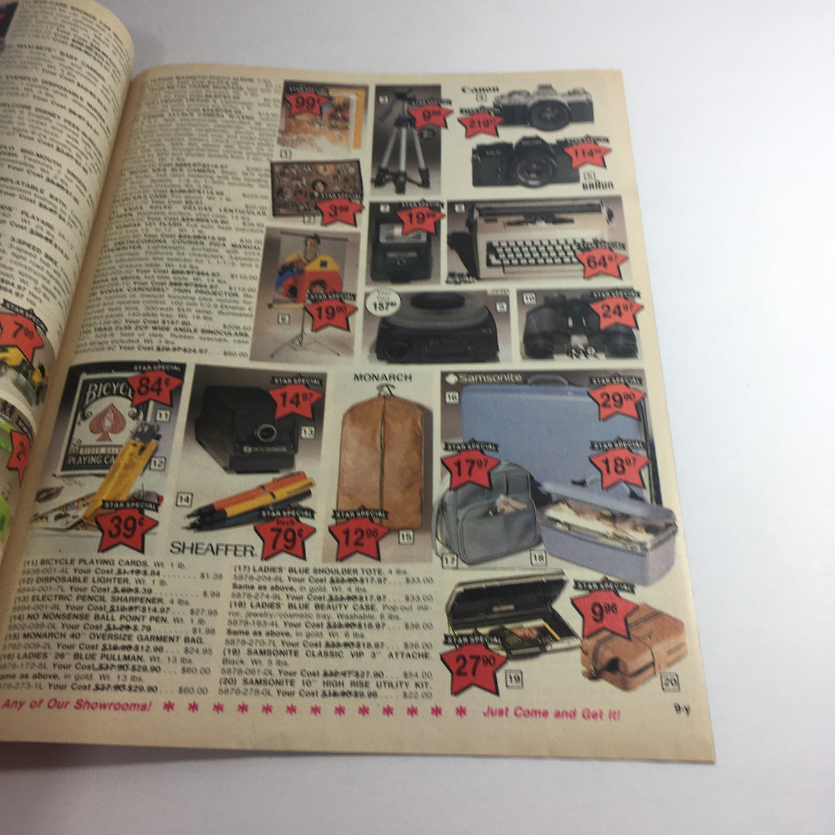 Another page from the VTG September 1979 Present Company Grand Re-Opening Memorex Price Guide Catalog showcasing cameras, office supplies, and household items with pricing details.