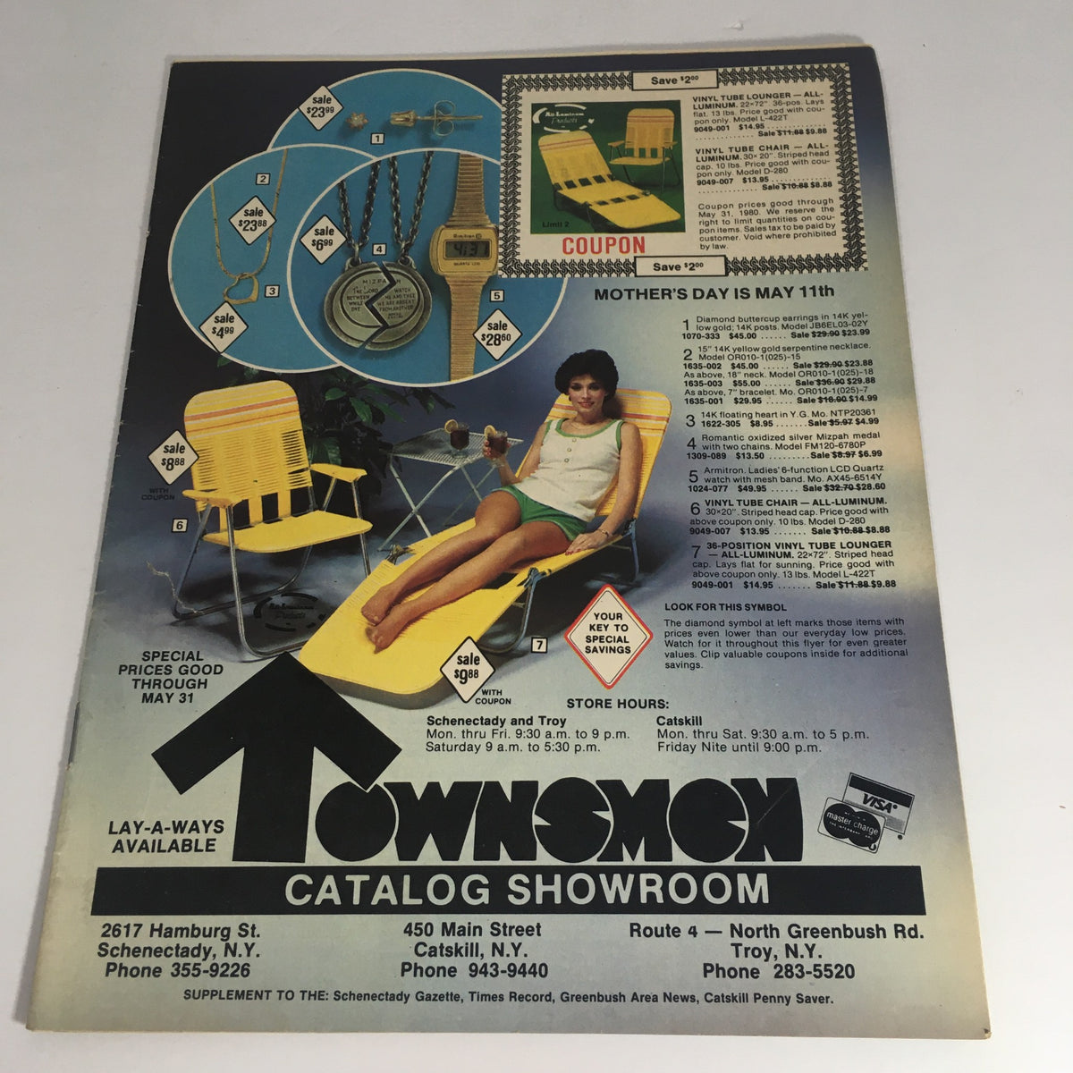 VTG Retro 1979 Townsmen Mother's Day Special Armitron Watches Catalog showcasing various vintage watch designs, accessories, and Mother's Day promotions with prices and store locations.