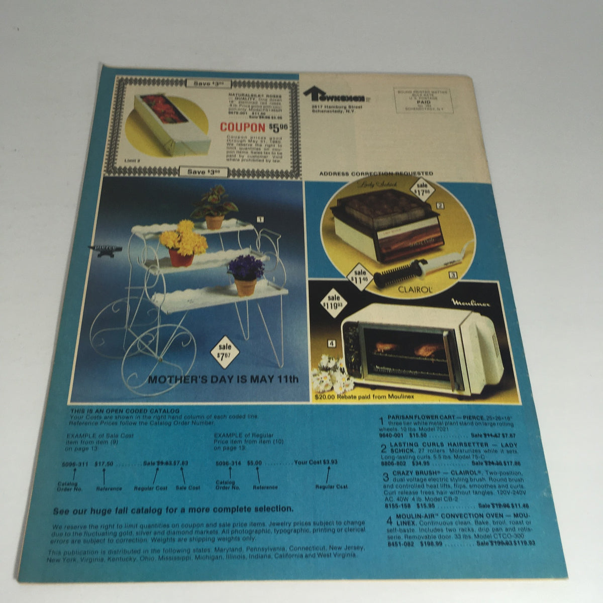 VTG Retro 1979 Townsmen Mother's Day Special Armitron Watches Catalog back cover featuring household items and Mother's Day gift ideas, including coupons, decorative flower carts, and small appliances in a nostalgic layout.