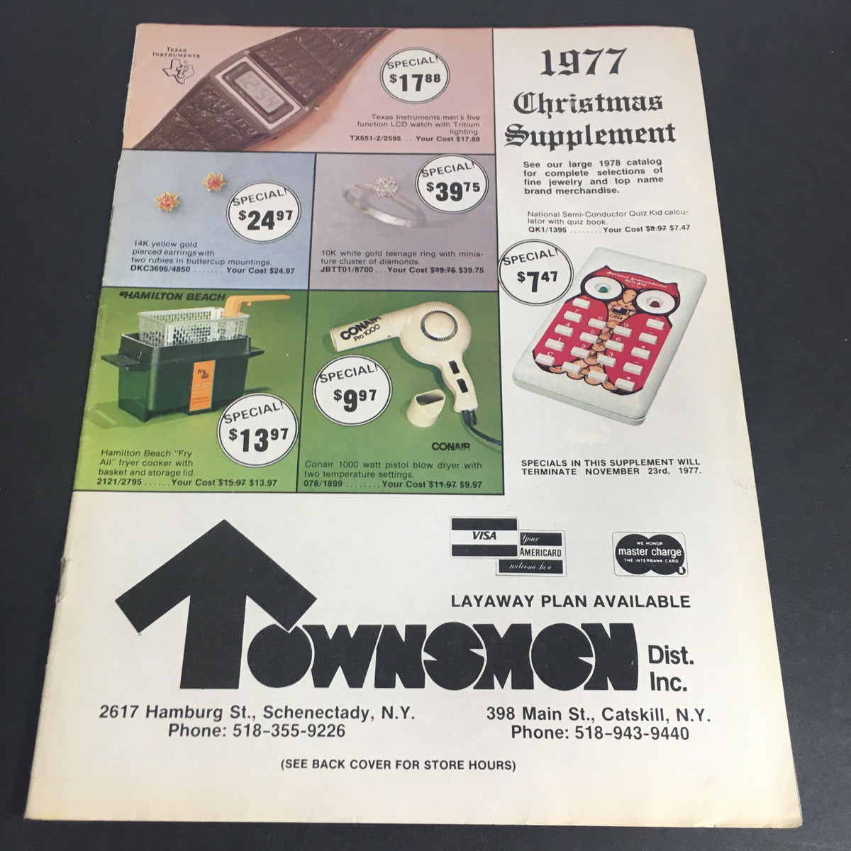 Vintage November 1977 Townsmen Christmas Supplement featuring a catalog cover with advertisements for appliances including Hamilton Beach and Conair products, showcasing pricing and promotional offers.
