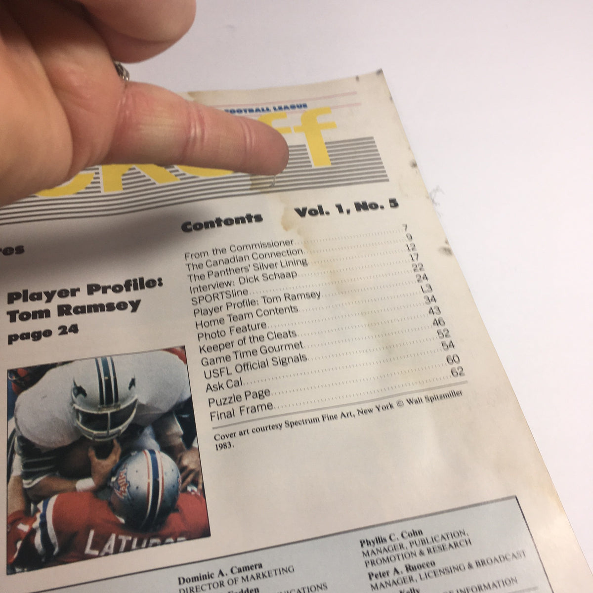 Table of contents from the USFL Kickoff Official Magazine 1983 Vol. 1 #5, detailing the featured articles including player profiles and team contents.