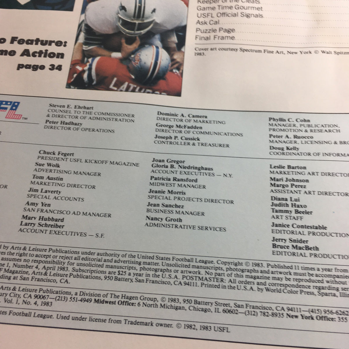 Editorial team credits page from the USFL Kickoff Official Magazine 1983 Vol. 1 #5, showcasing the contributors and their roles within the magazine.