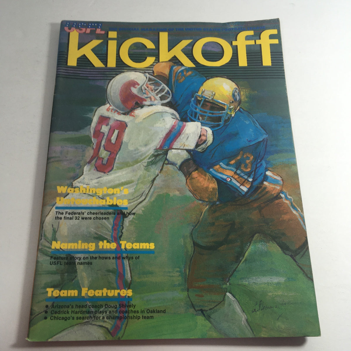 USFL Kickoff Official Magazine 1983 Vol. 1 #6 showcasing a football cover with action between two players, featuring Doug Shively, perfect for sports collectors and fans.