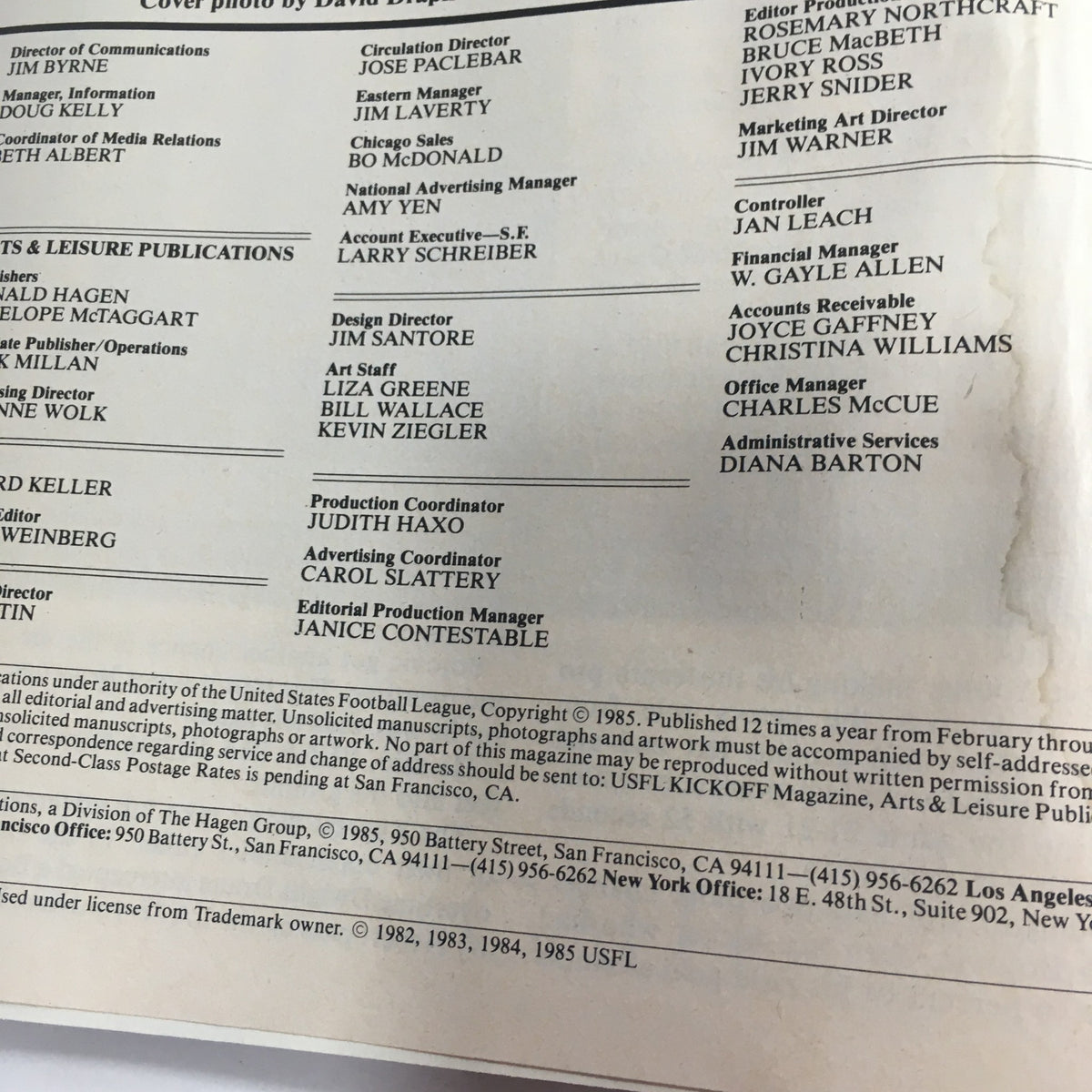 Inside details page of VTG USFL Kickoff Official Magazine 1985 Vol 3 #4 showcasing publication credits and more article titles.