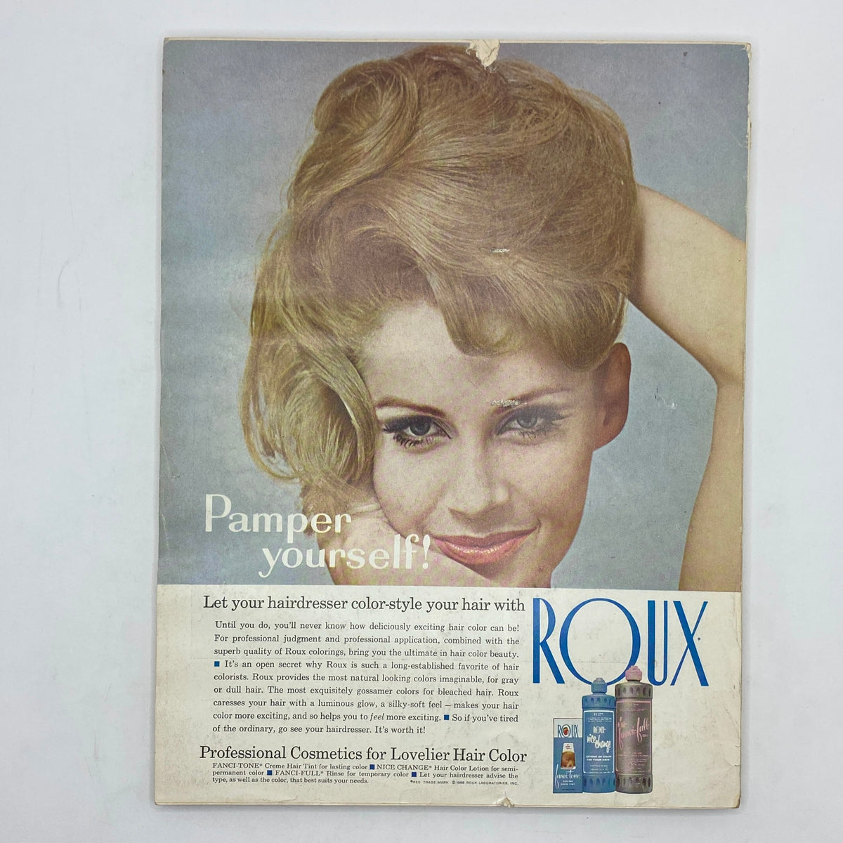Vintage Vogue Magazine October 1 1962 advertisement for Roux hair color products, emphasizing hair styling and beauty tips.
