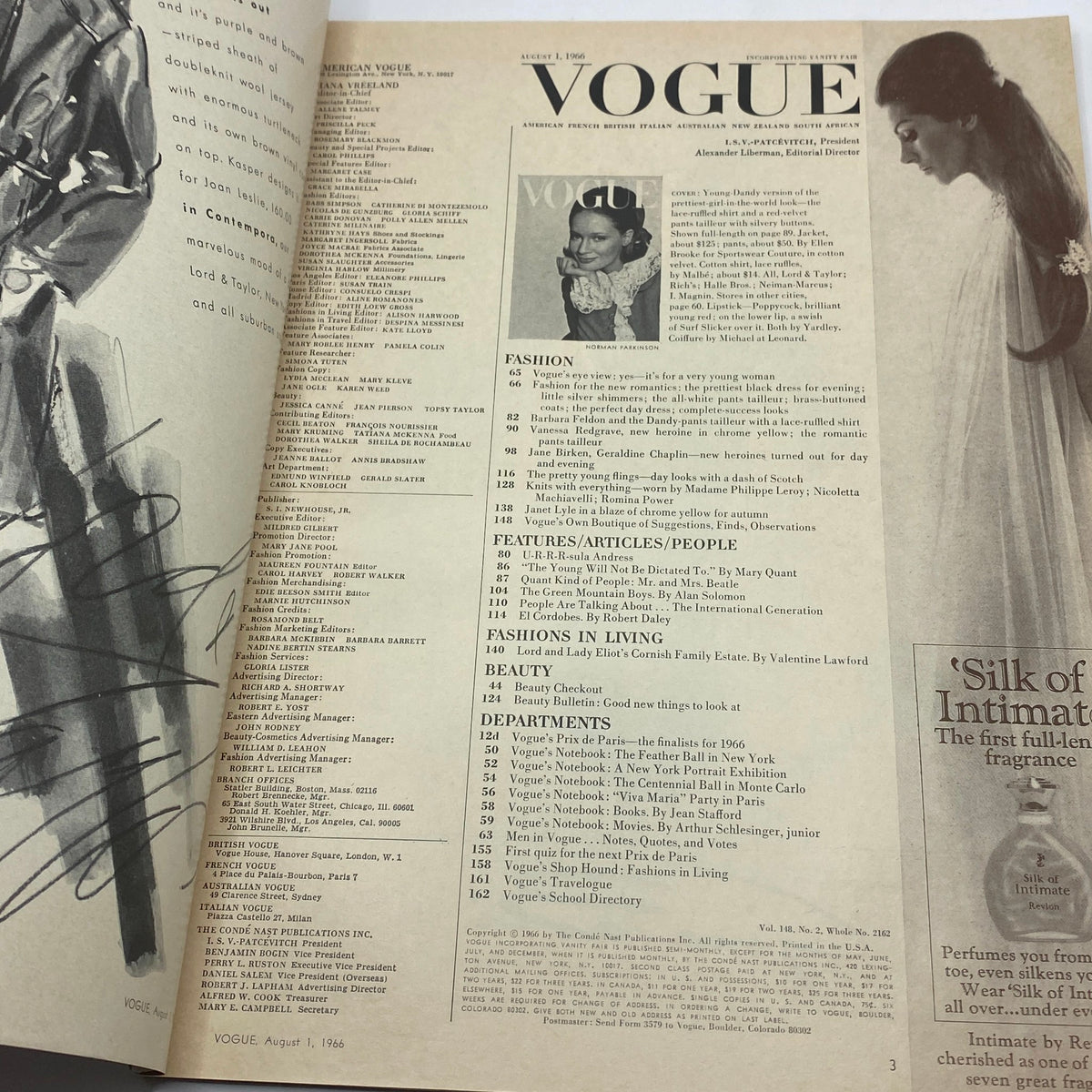 Interior page of VTG Vogue Magazine August 1 1966 featuring contents and articles list, showcasing fashion editorial by Norman Parkinson.