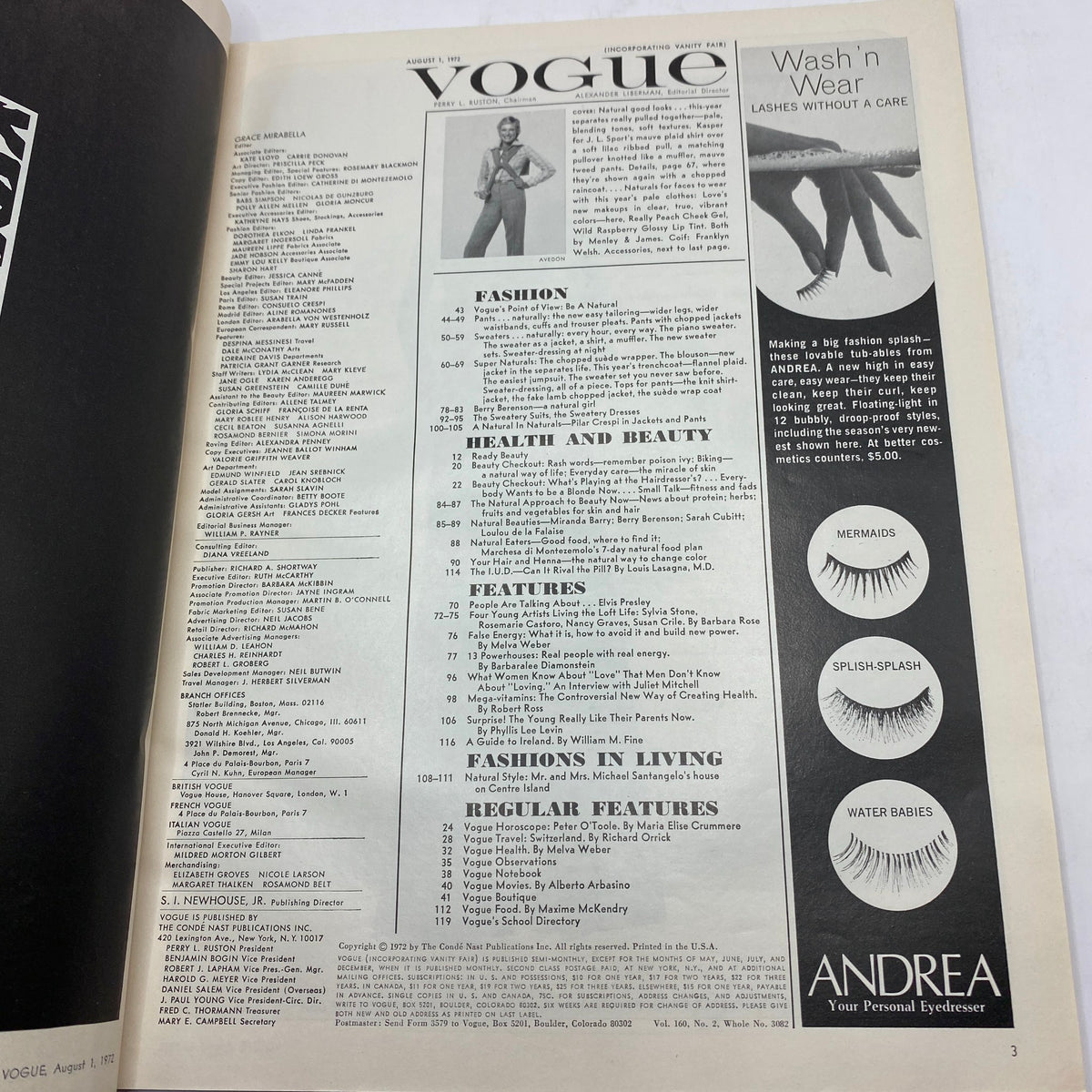 Table of contents from VTG Vogue Magazine August 1 1972 featuring articles on fashion, health, and beauty, including contributions from notable designers and photographers.