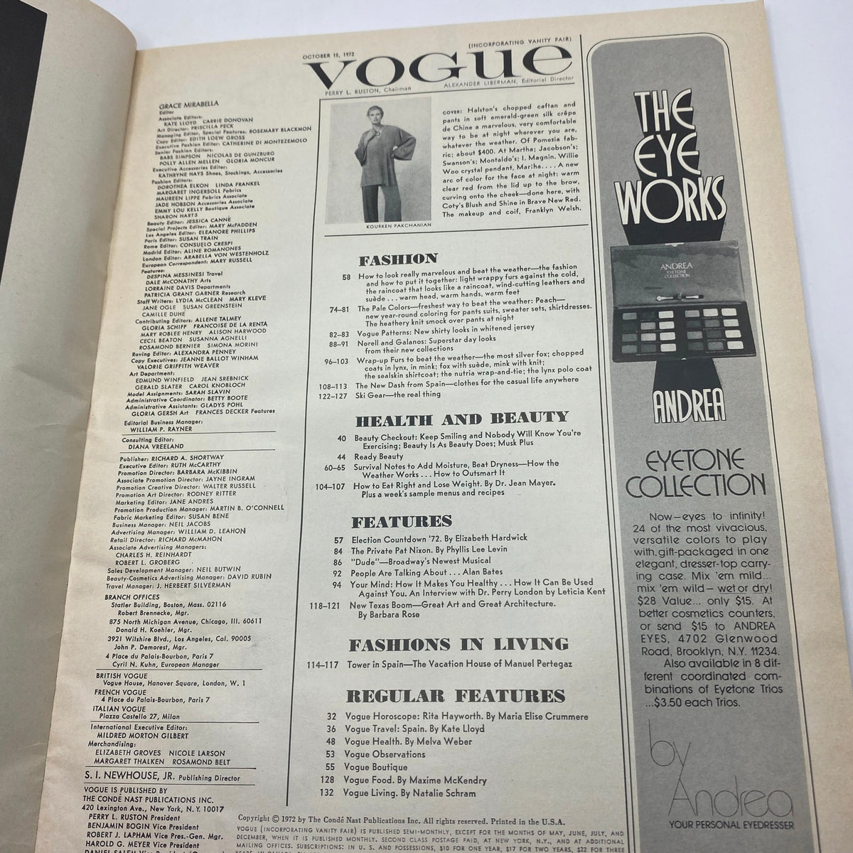 Interior page of VTG Vogue Magazine October 15 1972, featuring the table of contents with a photograph by Kourken P and listings of articles on fashion and beauty.